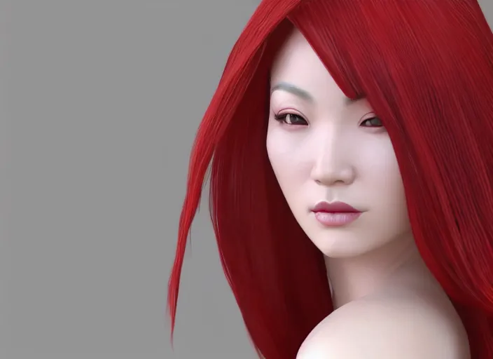 Image similar to stunning render portrait of a beautiful oriental woman with red hair wearing a hat, her eyes are green. 4 k unreal engine, daz, octane, zbrush, maya.