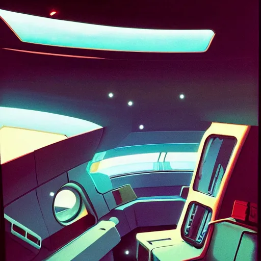 Image similar to Cozy interior of a spaceship, teal lighting, cozy lighting, space seen outside from a window, by Syd Mead, John Harris, Federico Pelat