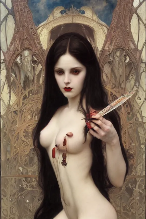 Prompt: masterpiece painting of beautiful vampire girl by donato giancola, h. r. giger and tom bagshaw, face by artgerm and edmund leighton, background by james jean and alphonse mucha, 8 k, gothic horror, majestic, volumetric lighting, porcelain skin, art deco, trending on pixiv