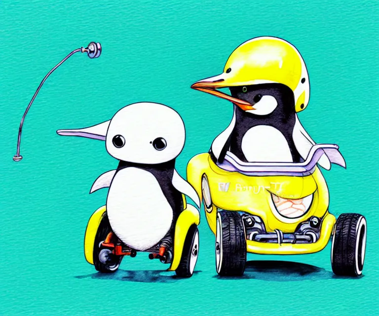 Image similar to cute and funny, penguin wearing a helmet riding in a tiny go kart with an oversized engine, ratfink style by ed roth, centered award winning watercolor pen illustration, isometric illustration by chihiro iwasaki, edited by range murata, tiny details by artgerm and watercolor girl, symmetrically isometrically centered, sharply focused