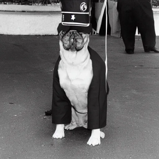 Prompt: A photo of a dog wearing a security guard\'s uniform and cap, 1990