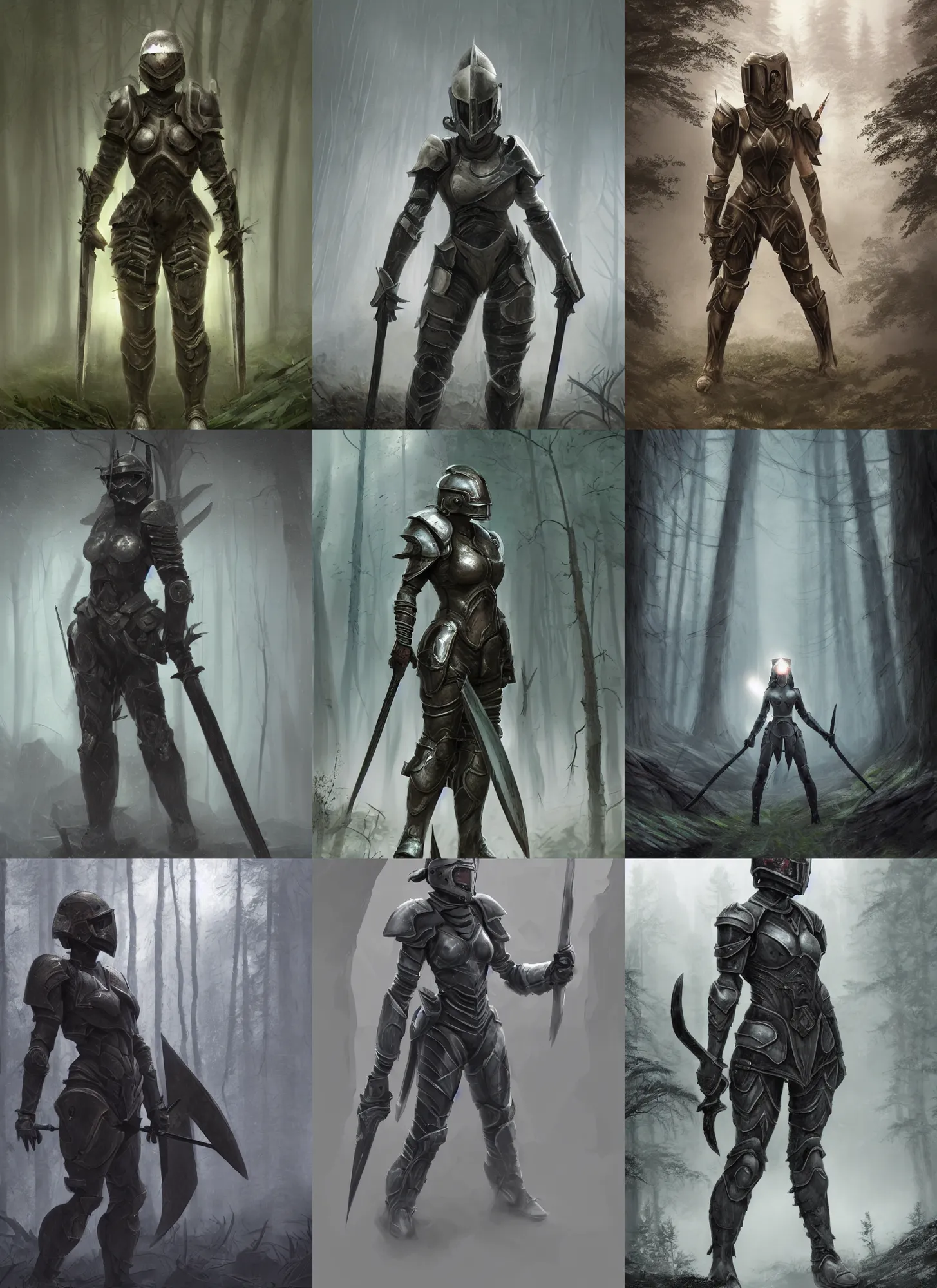 Prompt: a matte painting, a helmeted female warrior, wearing battle worn (power) armor, wielding twin swords, misty forest, the forest plains of north yorkshire, good value control, concept art, digital painting, sharp focus, knight!!!, symmetrical, single character full body, 4k, illustration, glowing eyes, rule of thirds, centered, moody colors, moody lighting