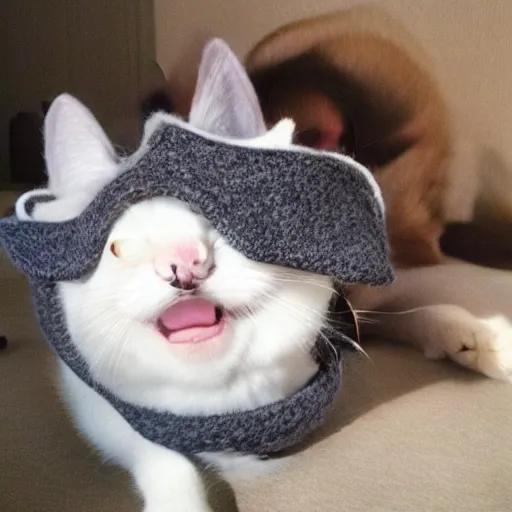 Prompt: cute cat photo licking tongue sticking out, wearing wool hat cat ears