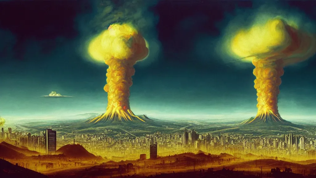 Image similar to Nuclear Fallout towering over the town of Quito by Simon Stålenhag and J.M.W. Turner, oil on canvas; Art Direction by Adam Adamowicz; 4K, 8K; Ultra-Realistic Depth Shading