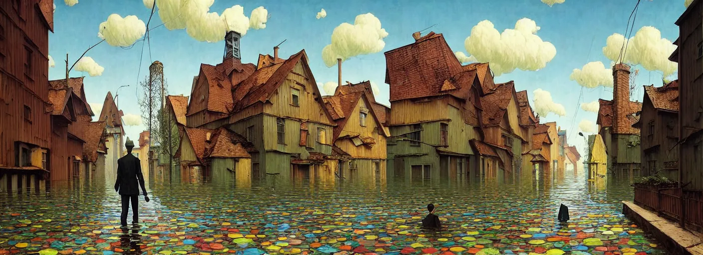 Image similar to flooded! old wooden empty cursed city street, very coherent and colorful high contrast masterpiece by gediminas pranckevicius rene magritte norman rockwell franz sedlacek, full - length view, dark shadows, sunny day, hard lighting, reference sheet white background