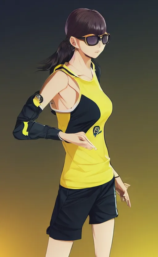 Prompt: character design, manga style, realistic lighting, futuristic solid colors, made by ilya kuvshinov, sold on sukebannyc, from arknights, female beach volley player, elegant, yellow yellow lens futuristic glasses, sport clothing, sneaker shoes, simple background