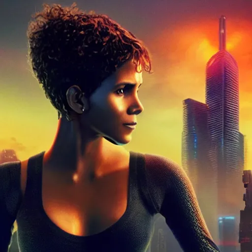 Image similar to beautiful Fine art photo of a young Halle Berry as a cyberpunk mayan robotic godess, photorealistic, centered, highly detailed, sun lighting, in the movie Blade Runner 2049, 8k