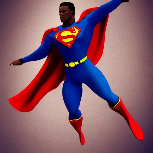 Image similar to photorealistic black superman flying. super detailed. super muscled. super cape