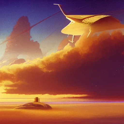 Image similar to beautiful matte painting of golden shores of a blue dreamy ocean, heavenly island in the clouds floating above the ocean, spaceship flying by, towering mountains emerging from the ocean, sci - fi, daylight, blue sky, cinematic lighting, cinematic perspective, album cover art, syd mead, john harris, federico pelat