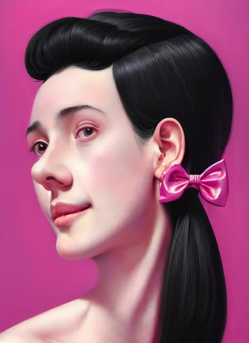 Image similar to portrait of high school girl, realistic, black hair, bangs, half updo hairstyle, pointy nose, skinny, smile, ugly, defined jawline, big chin, pink hair bow, earrings, intricate, elegant, glowing lights, highly detailed, digital painting, artstation, sharp focus, illustration, art by wlop, mars ravelo and greg rutkowski