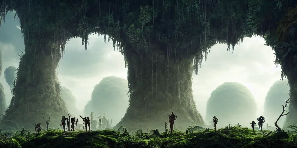 Prompt: a colossal shining chrome archway opens up to a wide passage of jungles, retrofuturistic, science fantasy, rusted, fungal polyps, salt, lgbt, queer, rpg, epic, dungeons & dragons, sacred, sharp focus, award - winning, extremely detailed, 4 k, 8 k