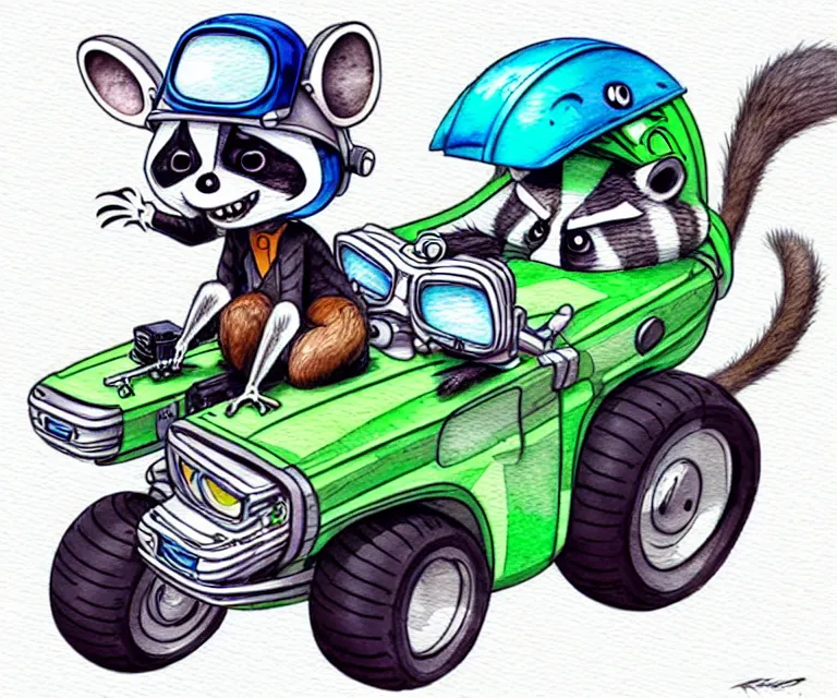 Image similar to cute and funny, racoon wearing a helmet riding in a tiny motorized wheelchair, ratfink style by ed roth, centered award winning watercolor pen illustration, isometric illustration by chihiro iwasaki, edited by range murata