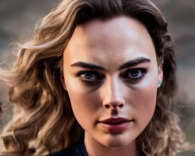 Image similar to a beautiful mix of margot robbie and gal gadot, hyper realistic face, beautiful eyes, cinematic, long shot, hyper detailed, 8 5 mm photograph, 8 k resolution, film still, sharp lens, wide lens