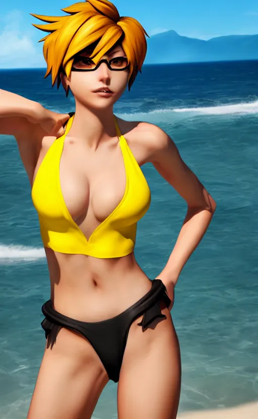 prompthunt: tracer game character, in yellow bikini, blonde hair