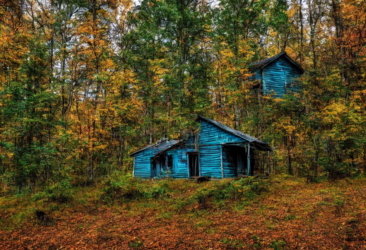 Image similar to old cabin in a forest 4k autumn cinematic low angle trees lonely clear view logs overgrown pasture green blue tones