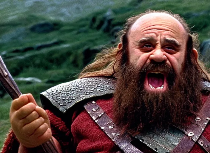 Prompt: film still of danny devito as gimli in lord of the rings movie, 8 k