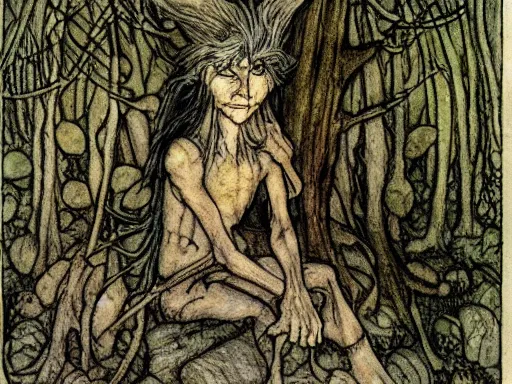 Prompt: troll in a forest by arthur rackham and by Tony DiTerlizzi and by brian froud