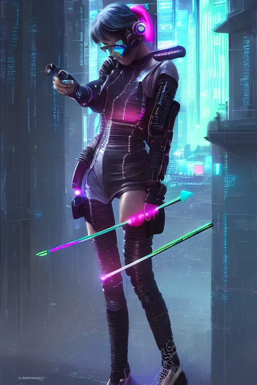 Prompt: portrait futuristic adorable cyberpunk young female archer, in futuristic stormy thunder light tokyo rooftop cyberpunk night, ssci-fi, fantasy, intricate, very very beautiful, elegant, neon light, highly detailed, digital painting, artstation, concept art, soft light, hdri, smooth, sharp focus, illustration, art by tian zi and craig mullins and WLOP and alphonse mucha