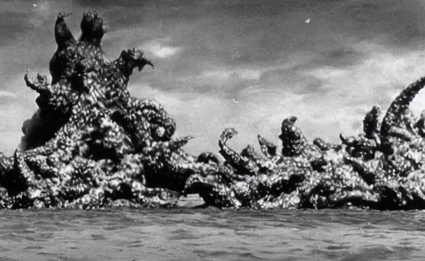 Prompt: a filmstill of Kim Jong-il and a giant starfish monster destroying Pyongyang, in Godzilla (1954) by Ishirō Honda, epic ultrawide shot, cinémascope