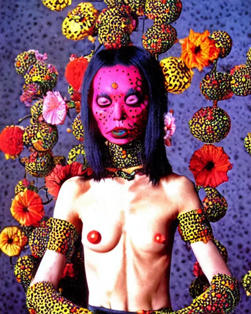 Image similar to portrait of a skinny punk goth yayoi kusama wearing armor by simon bisley, john blance, frank frazetta, fantasy, thief warrior, floral flowers colorful