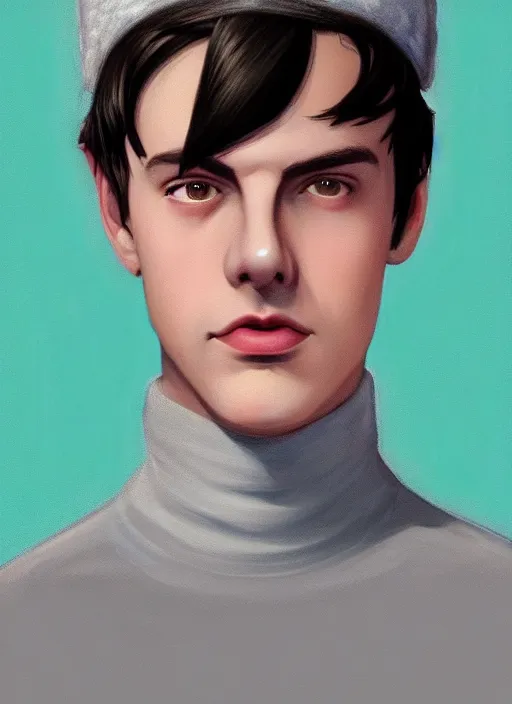 Image similar to portrait of teenage jughead jones wearing a light grey crown, crown, blue turtleneck, 1 9 5 0 s, closed eyes, photorealistic, black hair, glowing lighting, intricate, elegant, glowing lights, highly detailed, digital painting, artstation, concept art, smooth, sharp focus, illustration, art by wlop, mars ravelo and greg rutkowski