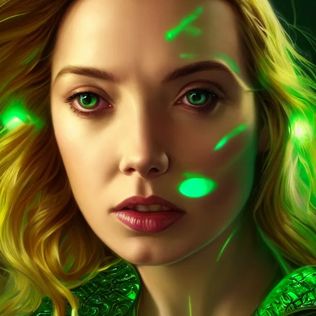 Image similar to close up portrait of jodie comer wearing shiny emerald armor, glowing blonde hair, glowing green eyes, glowing green armor, subsurface scattering, ethereal, artistic, temple background with light rays, fantasy atmosphere. art by artgerm, greg rutkowski and alphonse mucha, 3 d artstation octane render,