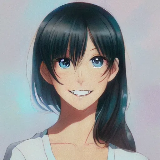 Prompt: A medium shot anime portrait of a happy brunette anime woman, a single short ponytail, parted hair, bare forehead, blue-eyed, blue eyes, big round nose closed lips, with large breasts, wearing a t-shirt, solid blue background, by Stanley Artgerm Lau, WLOP, Rossdraws, James Jean, Andrei Riabovitchev, Marc Simonetti, and Sakimi chan, trending on artstation