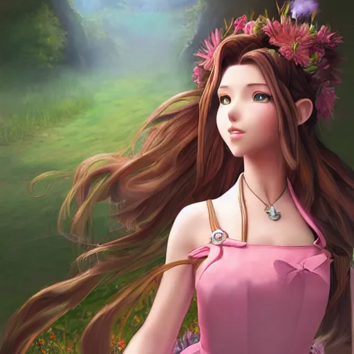 Image similar to aerith gainsborough by nick silva, ja mong, digital, high quality