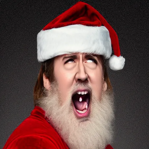 Image similar to nic cage screaming while covered from head to toe in fancy santas, award winning portrait