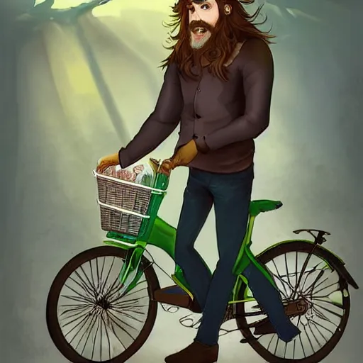 Image similar to a bearded and long haired bicycle food delivery worker with a green bag on his back in ireland, he has boots, by Artgerm, fantasy epic digital art, trending on Artstation