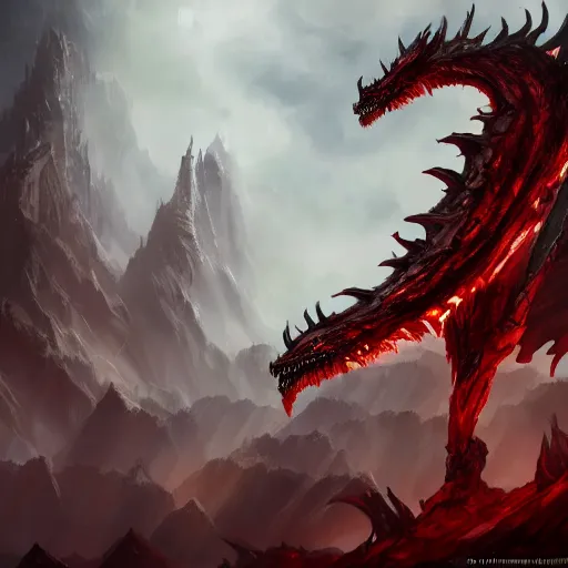 Image similar to dark fantasy concept of a vampire dragon god, with dark matter and molten armor on a mountain, cinematic, dynamic lighting, photorealistic, ultra detailed, trending on art station, stunning visuals, creative, hyper detailed