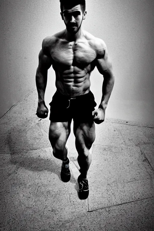 Image similar to Sean McLoughlin, jacksepticeye, jack, irish youtuber, is a jacked muscle builder gigachad, grayscale photography