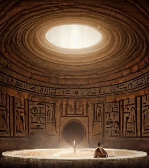 Prompt: fantasy movie scene greg rutkowski digital painting of an ornate and royal egyptian antechamber tomb, a circular pool with a galaxy inside, unreal engine, hyper realism, realistic shading, cinematic composition, blender render, octane render, hdr, detailed textures, photorealistic, ultrawide shot, 3 5 mm film