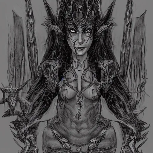 Image similar to dark elf sorceress who is summoning a demon in the style of warhammer fantasy : : head and shoulders drawing