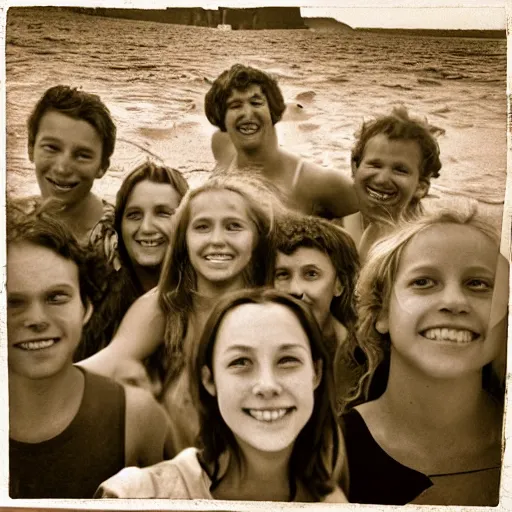 Prompt: “ a sepia analog photograph from the 8 0 ’ s with a group of happy symmetric young people on the beach next to the mediterranean sea. fisheye perspective ”