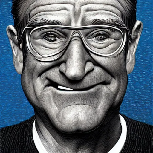 Image similar to portrait of robin williams, caricature,, mashup between mc escher and vincent van gogh