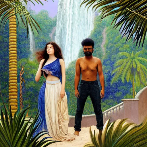 Image similar to a ultradetailed beautiful painting of lorde, frank ocean, the weeknd and lana del rey standing in front of the diamonds waterfall in the amazonas palace balustrade designed by jules bastien - lepage, tarsila do amaral, frank weston and gustave baumann, beach, trending on artstation, mediterranean, palm trees, sharp focus, soft light, 8 k 4 k