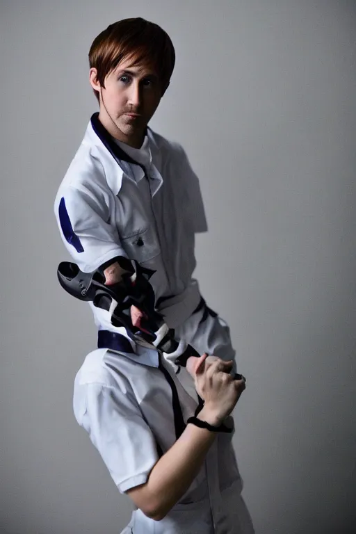 Prompt: Cosplay photography of Ryan Gosling as Shinji Ikari