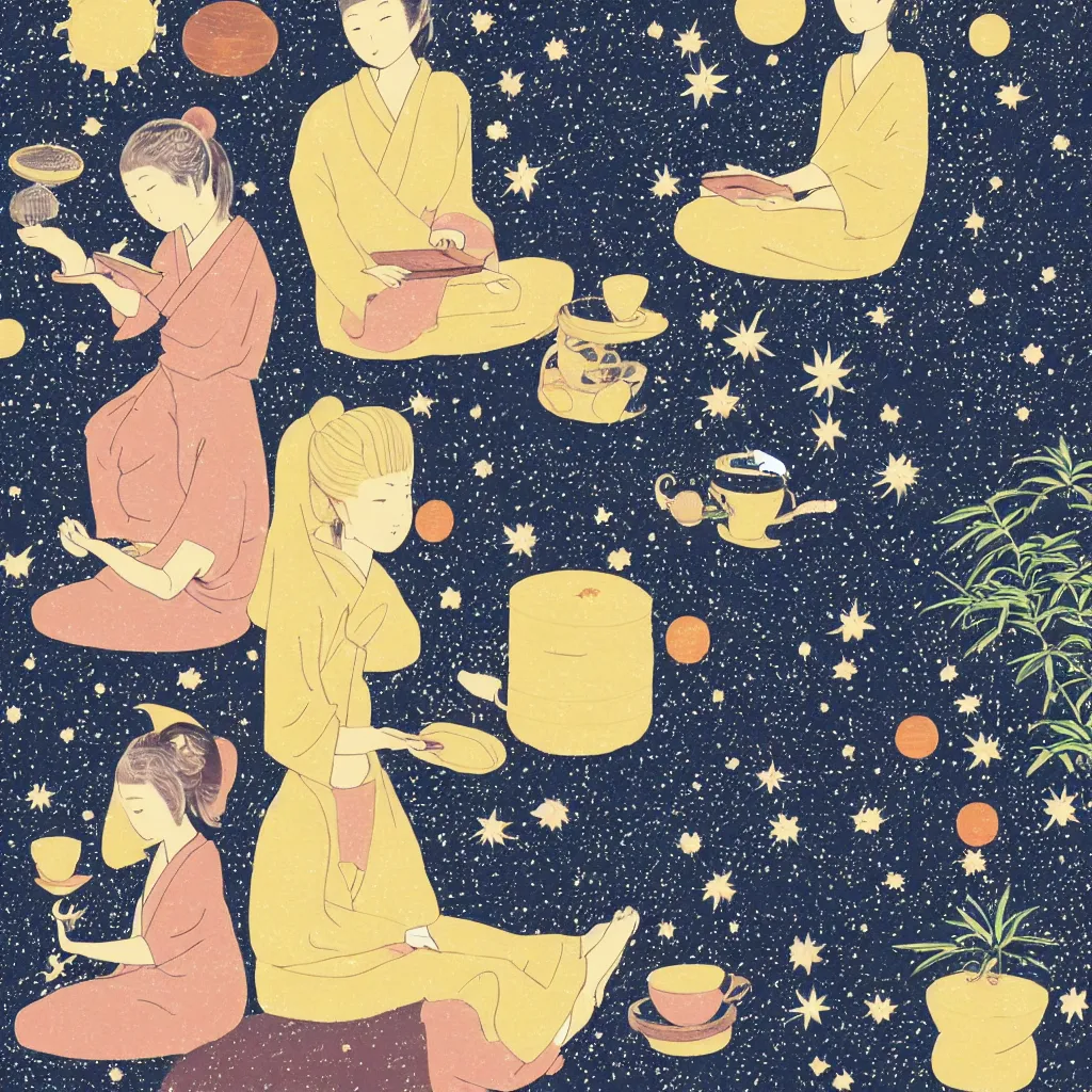 Image similar to Japanese style picture of two sisters reading a book and drinking herbal tea made with celestial fluids in the balcony covered with plant pots which opens up to celestial sky filled with galaxies and planets. A small while do sitting beside them. Scented candles lit around them. Highly detailed. Celestial. Satisfying.