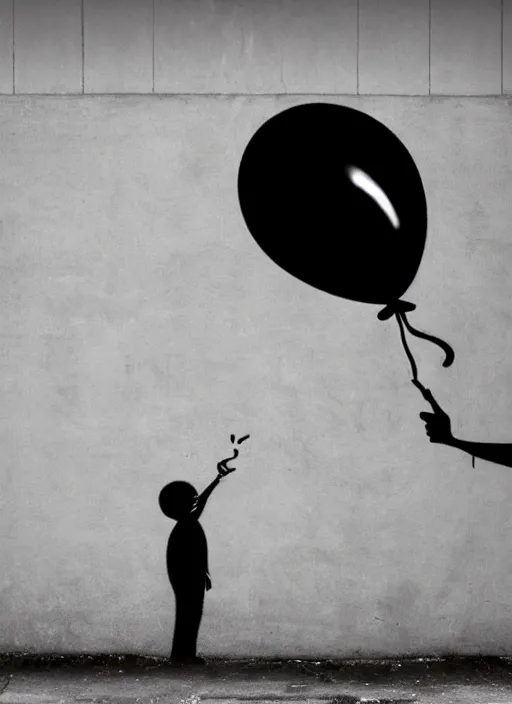 Image similar to a side profile of a black and white graffiti of boy holding a single graffitied blue balloon on a concrete background in the style of Banksy, graffiti, digital art