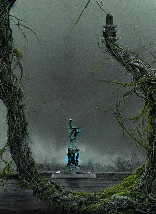 Image similar to hyper detailed painting of the statue of liberty; cracked, decaying, covered in moss and vines; thunderstorm; moody cinematic lighting, painted by Greg Rukowtski, trending on Artstation