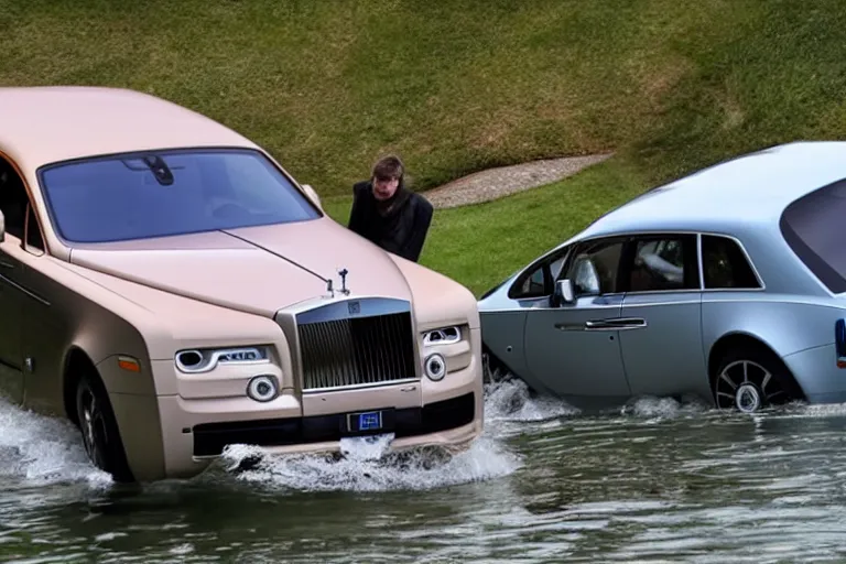 Image similar to Teenagers push Rolls-Royce into lake with their hands from a small slide wanting to drown him