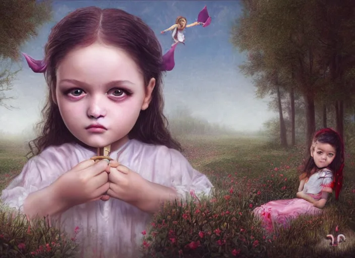 Image similar to a little girl with a cross fights off terrified demons, clear face and bright eyes. 8 k, matte painting, lowbrow in the style of lilia alvarado, mark ryden and martin johnson heade,