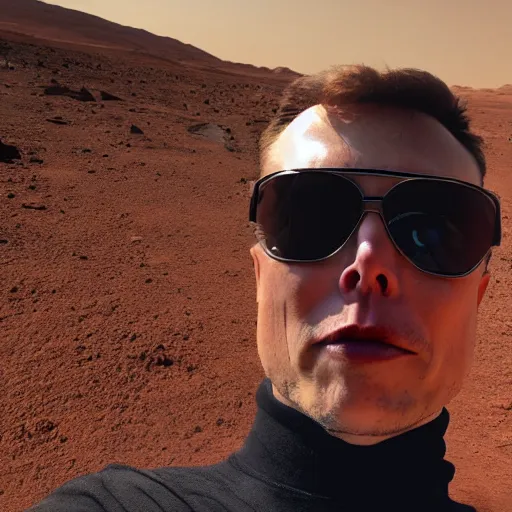 Prompt: selfie of Elon Musk on Mars, symmetrical face, photography, selfie, 8k