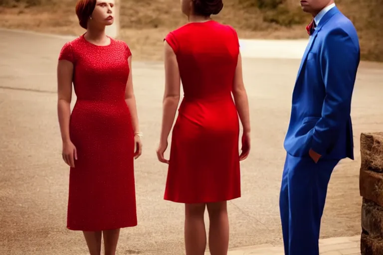 Prompt: full body film still of a man longingly looking at a far away woman in a red dress as a woman in a blue dress looks disgusted at the man in the new romance comedy movie, dramatic angle, dramatic lighting