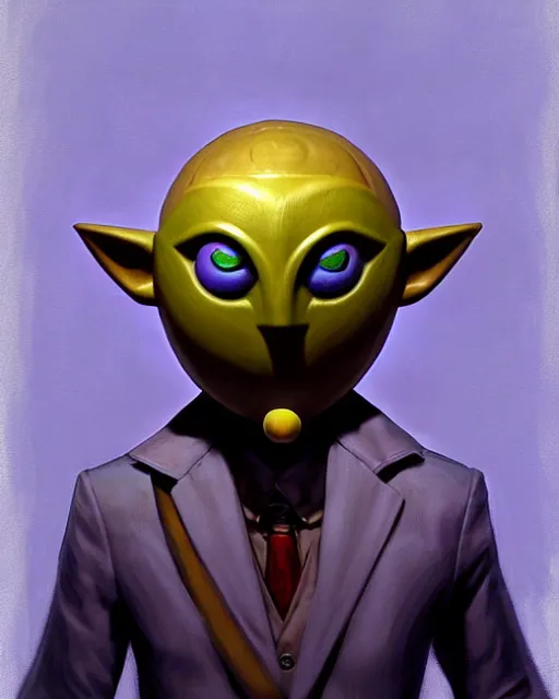 Image similar to character concept art of the happy mask salesman from the legend of zelda : majora's mask | | handsome - fine - face, pretty face, realistic shaded perfect face, fine details by stanley artgerm lau, wlop, rossdraws, james jean, andrei riabovitchev, marc simonetti, and sakimichan, tranding on artstation