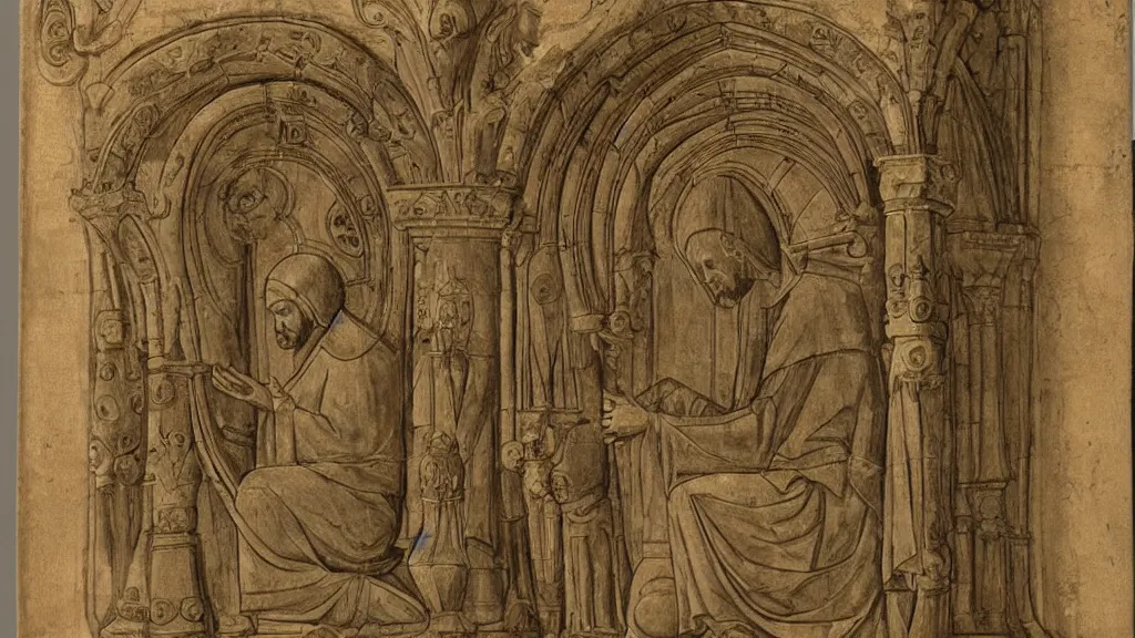 Prompt: a priest praying. romanesque artwork