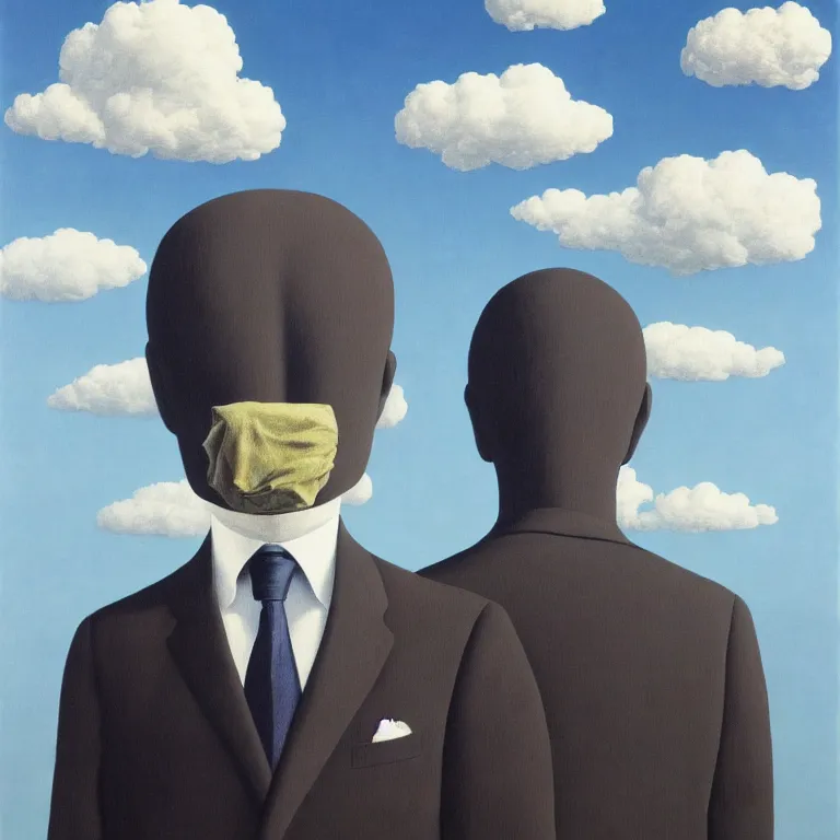 Image similar to portrait of a faceless shadow - head man in a suit, clouds in the background, by rene magritte, detailed painting, distance, middle centered, hd, hq, high resolution, high detail, 4 k, 8 k