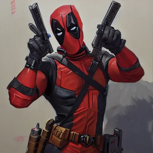 Image similar to greg manchess portrait painting of armored deadpool as overwatch character, medium shot, asymmetrical, profile picture, organic painting, sunny day, matte painting, bold shapes, hard edges, street art, trending on artstation, by huang guangjian and gil elvgren and sachin teng