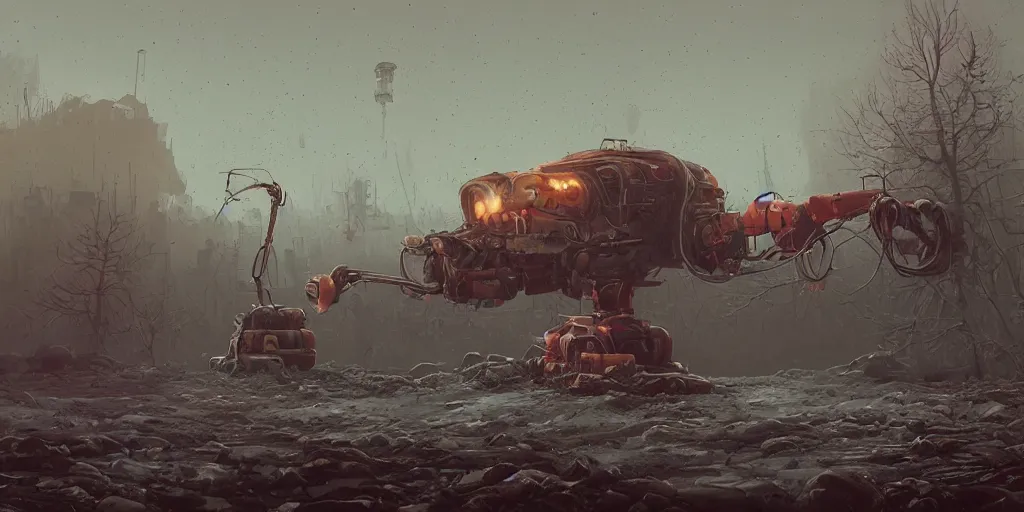 Image similar to a landscape by simon stalenhag of a very large realistic highly detailed imposing robotic mechanical cat, stranded alone and roaming in the chaos across a depressing abandoned post - apocalyptic landscape, post - apocalyptic corrupted themes, artstation trending, beautiful art landscape, detailed simon stalenhag landscape